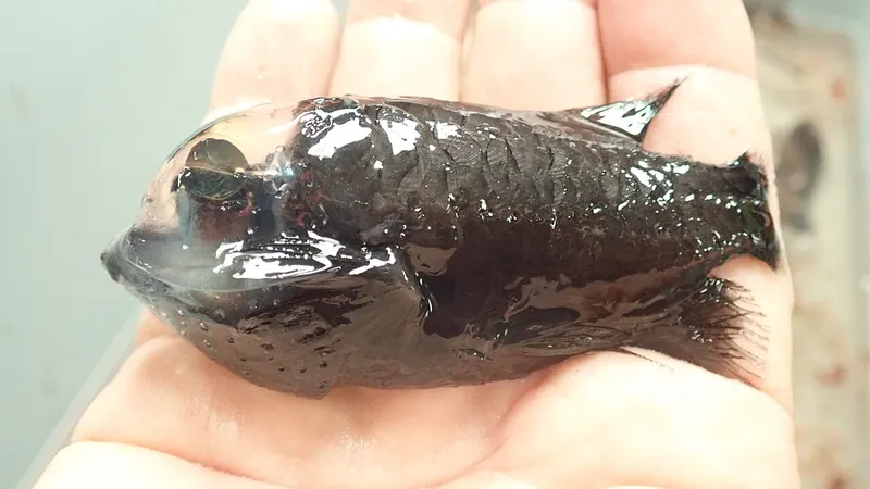 Pacific Barreleye Fish (Macropinna microstoma) with transparent fluid-filled head and glowing green tubular eyes in deep water