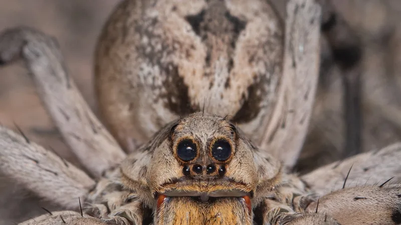 Female Carolina wolf spider facing forward, its row of dark eyes above the jaws