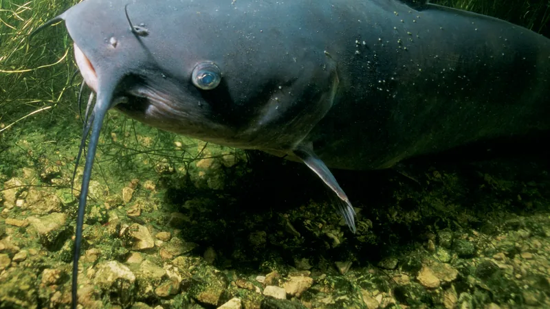 Channel catfish with long barbels swimming above a bed of green water plants