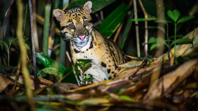 Clouded leopard crouched among leaves and branches on a forest floor