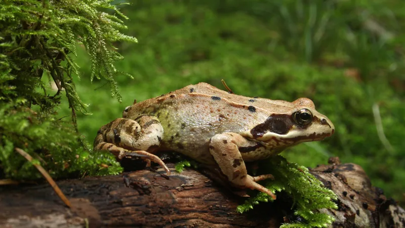 Brown common frog with a dark eye mask sitting on a mossy log