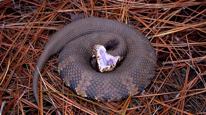 Cottonmouth coiled on pine needles with its jaws wide open, showing the white lining of its mouth