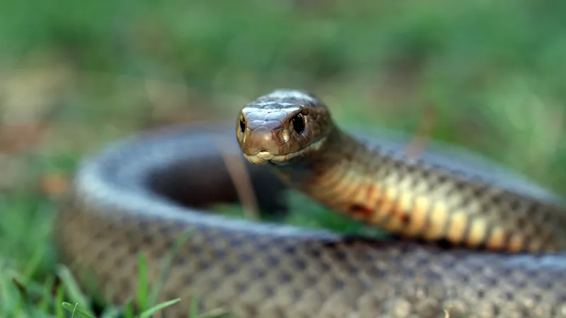 Eastern brown snake raising its head above its coiled body on grass