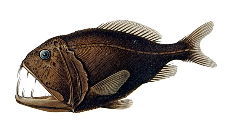 Colour illustration of a fangtooth, a dark brown deep-sea fish with a huge head and long fangs