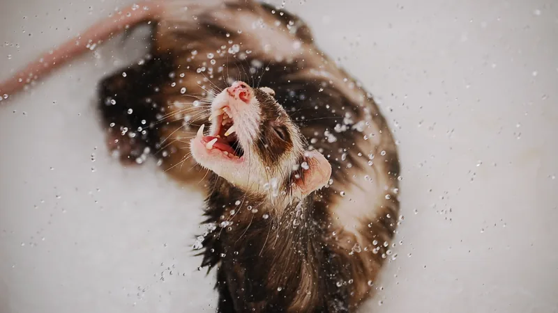 Sable ferret leaping through falling snow with its mouth open