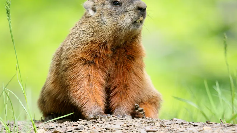 Groundhog sitting upright in green grass with a rusty orange chest
