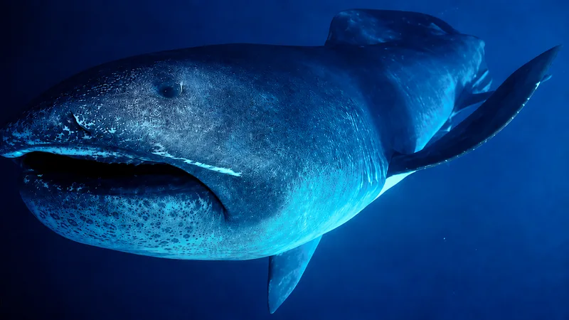 Digital illustration of a megamouth shark swimming with its huge mouth open in blue water