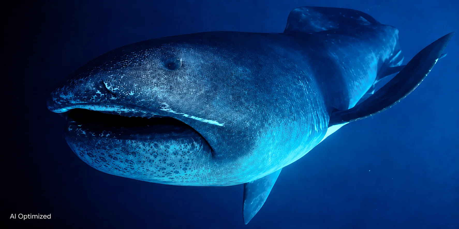 Digital illustration of a megamouth shark swimming with its huge mouth open in blue water