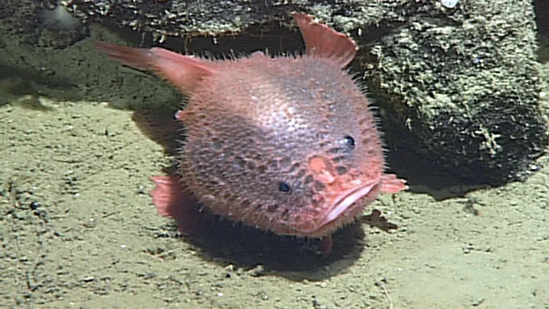 Pink Sea Toad (Chaunacops coloratus) resting on deep-sea volcanic basalt ledge on jointed walking fins