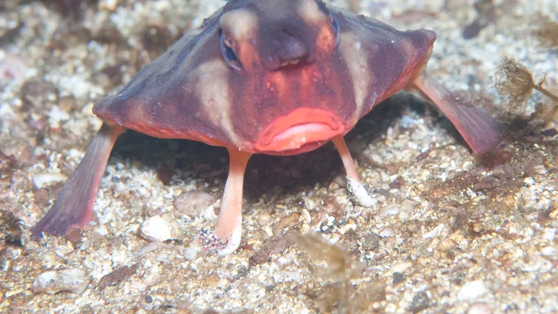 Red-lipped batfish standing on its fins on sand, its bright red lips facing forward