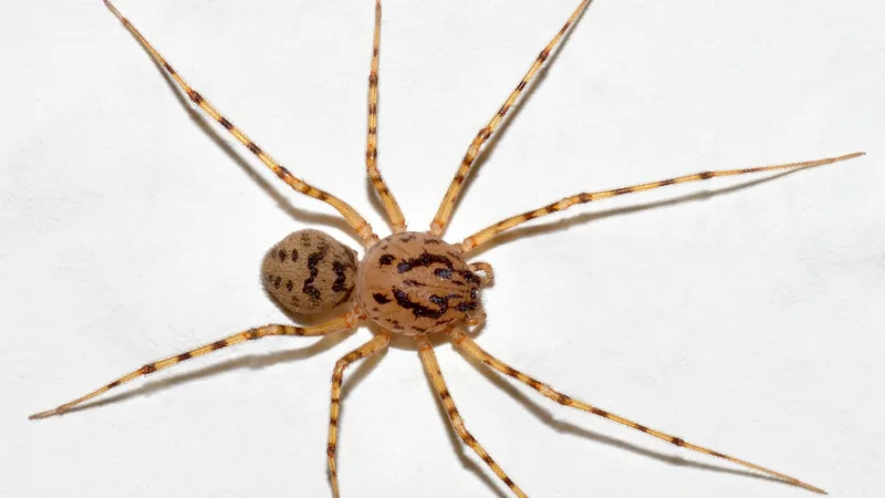 A spitting spider seen from above on a white surface, its domed, dark-flecked body ringed by long, banded legs