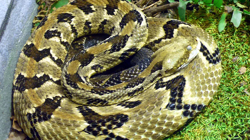 Yellow timber rattlesnake with black bands coiled on green moss