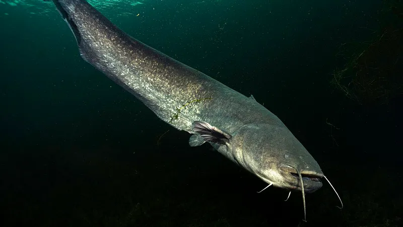 Wels Catfish (Silurus glanis) swimming freely in natural freshwater lake
