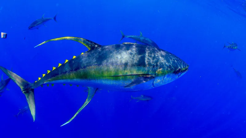 Large yellowfin tuna in open blue water, its long yellow fins swept back